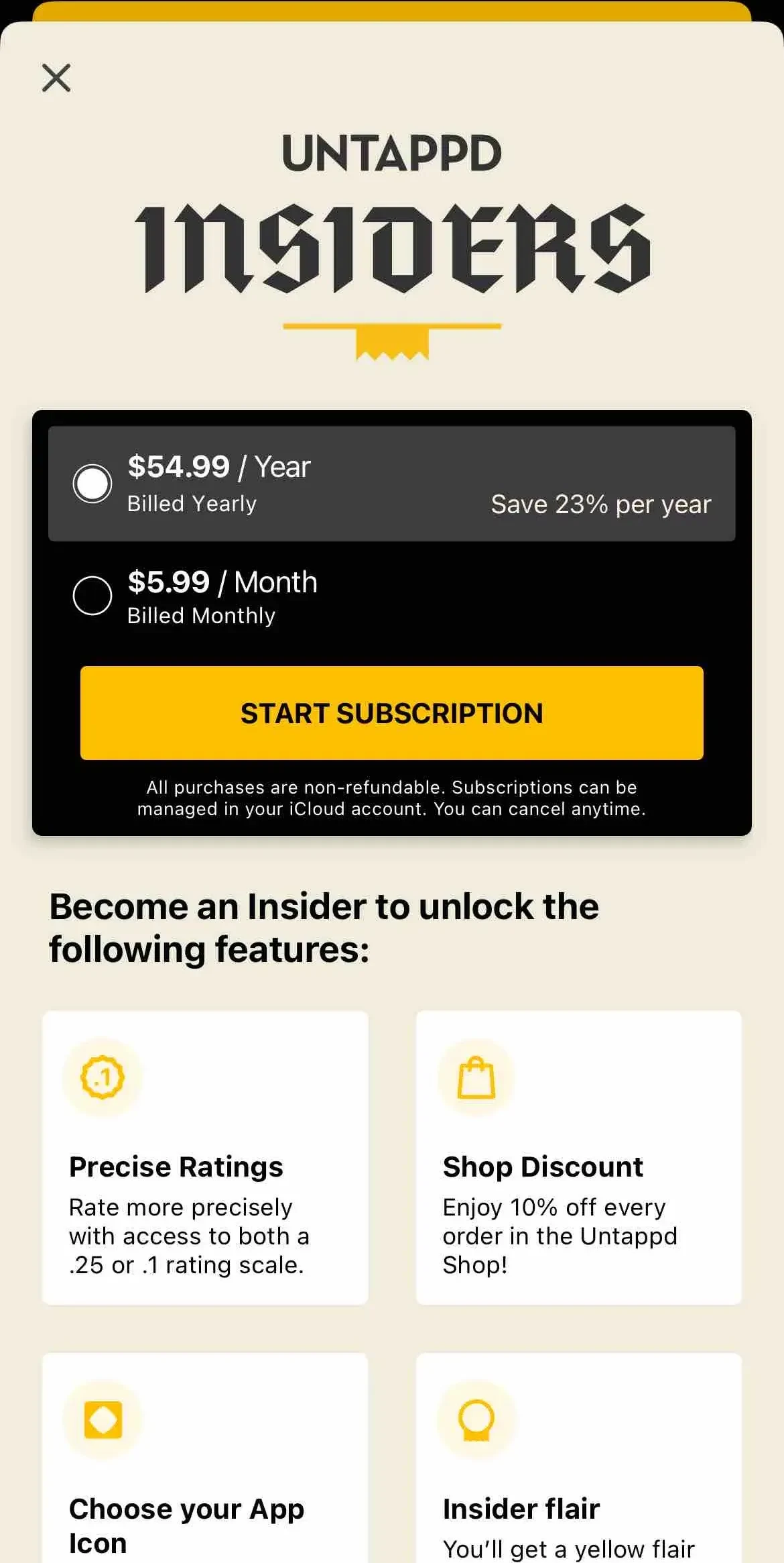 Untappd paywall screen