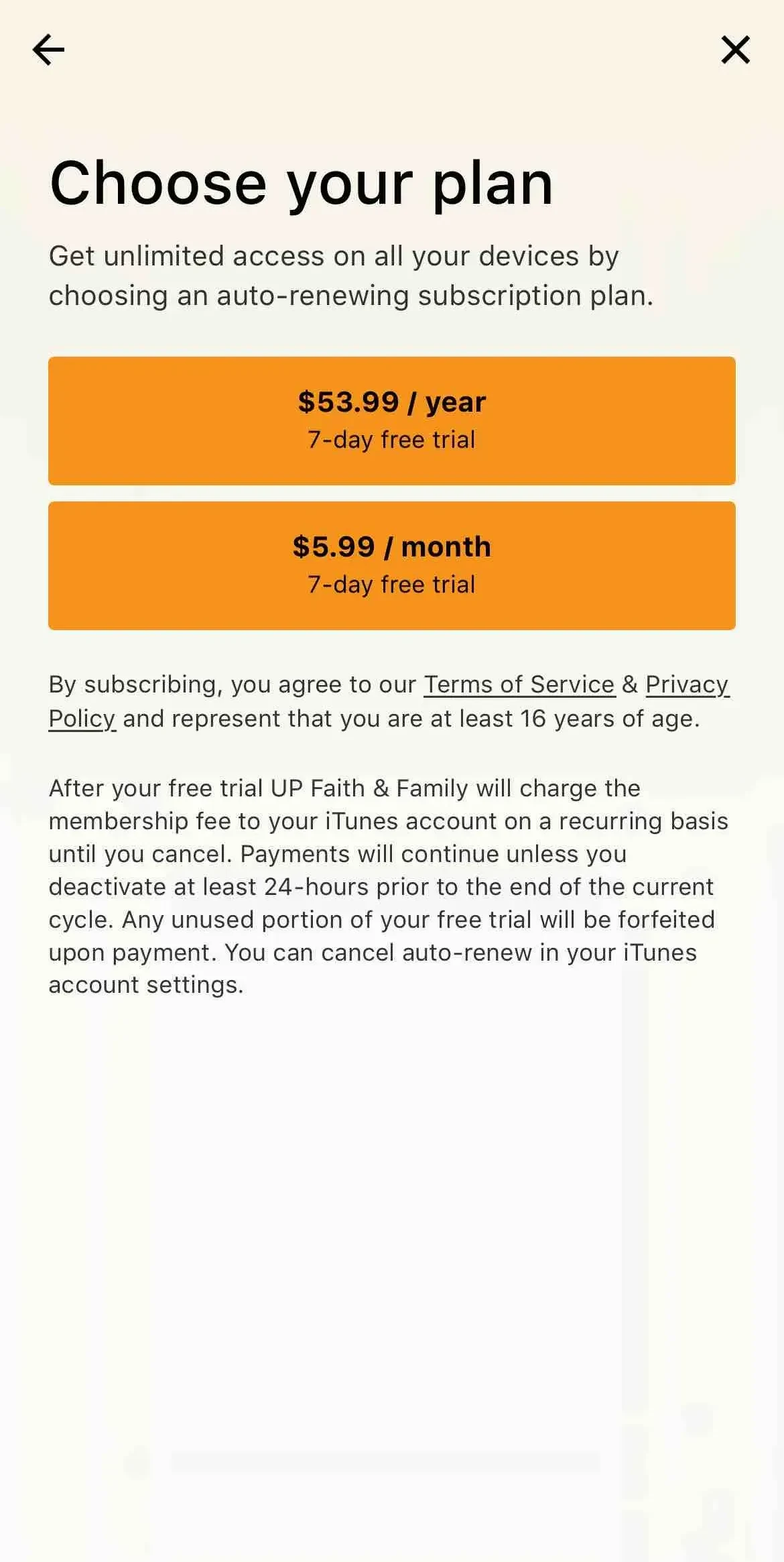 UP Faith paywall screen