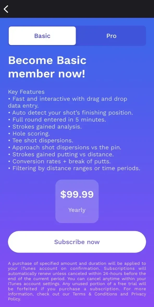 Upgame Golf paywall screen