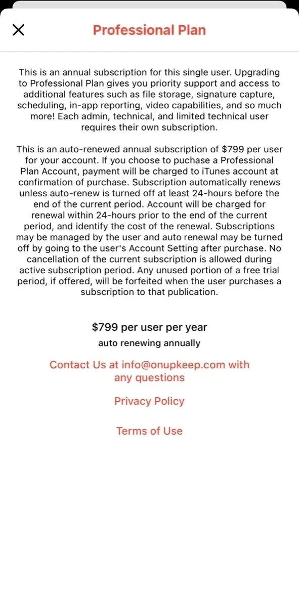 UpKeep Work Order Maintenance paywall screen
