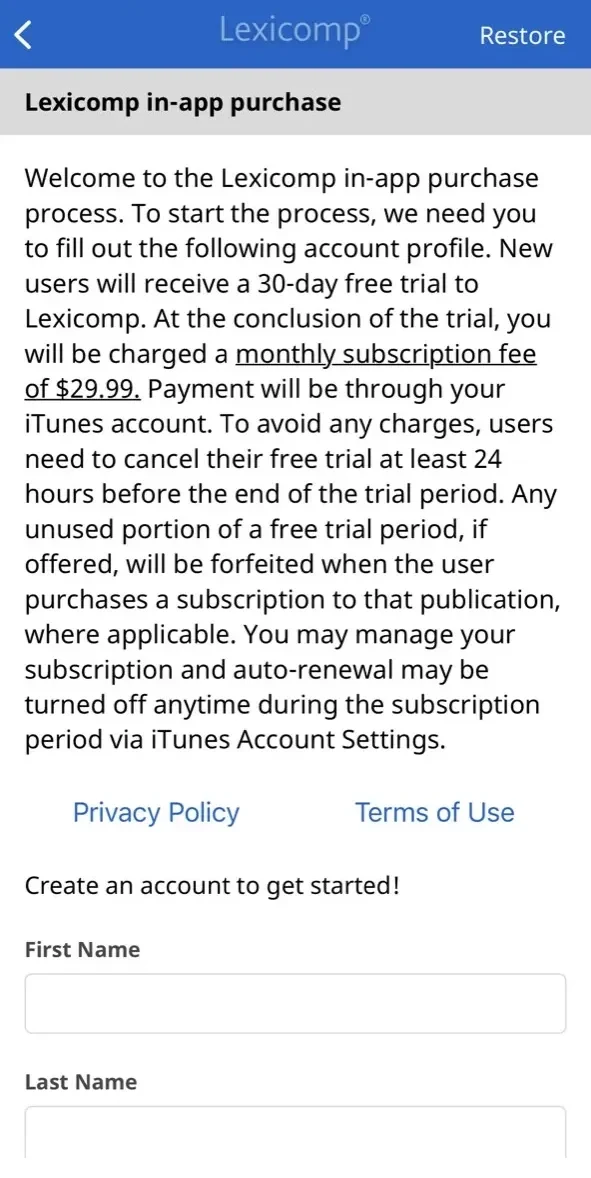 UpToDate Lexidrug paywall screen