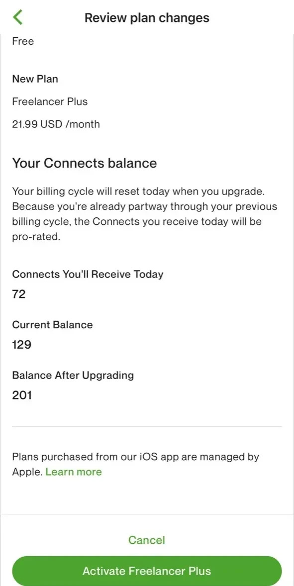 Upwork paywall screen