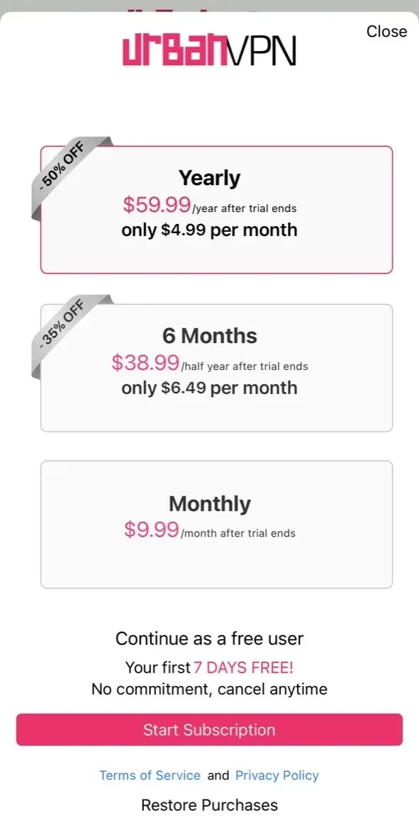 Urban VPN paywall screen