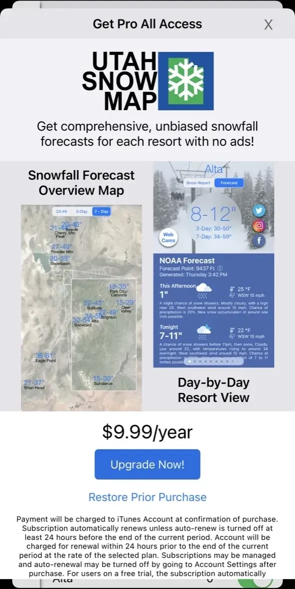 Utah Snow Map paywall screen