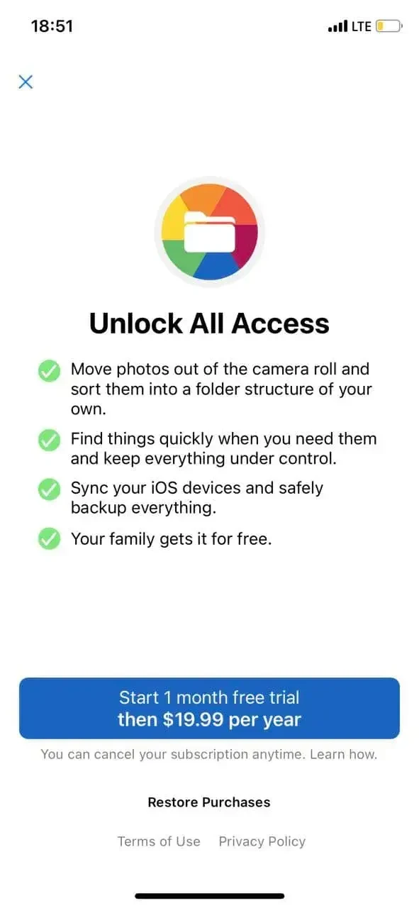 Utiful Photo Organizer paywall screen