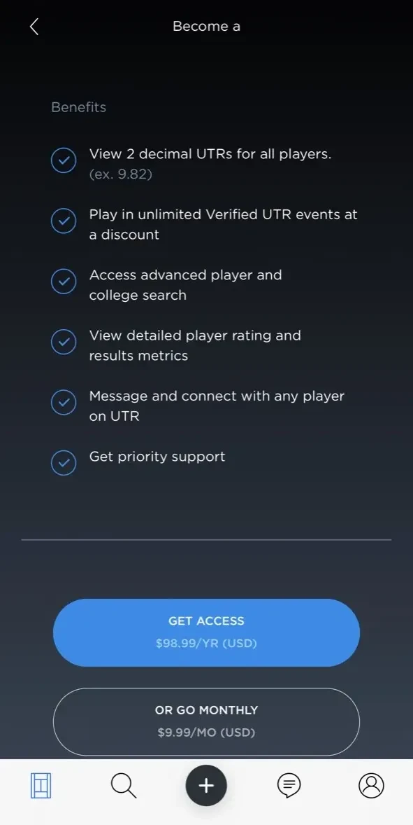 UTR Sports paywall screen