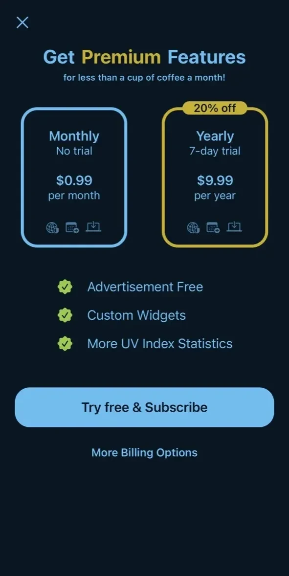 UV Index paywall screen