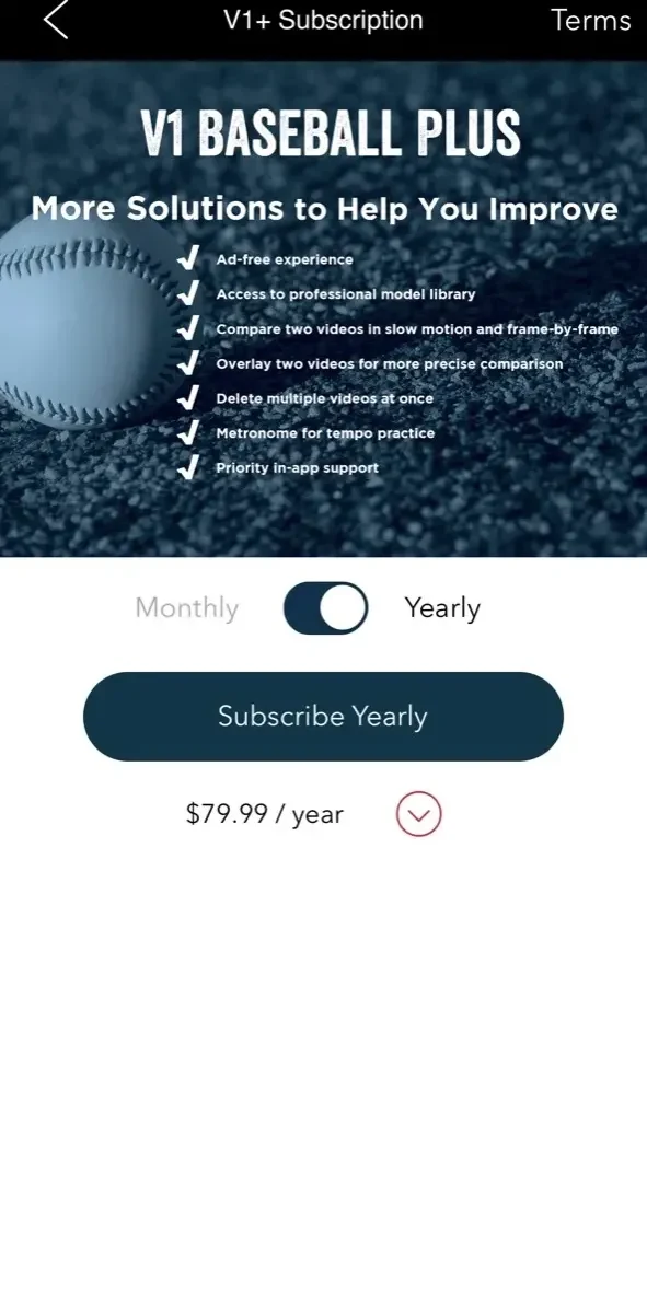 V1 Baseball paywall screen