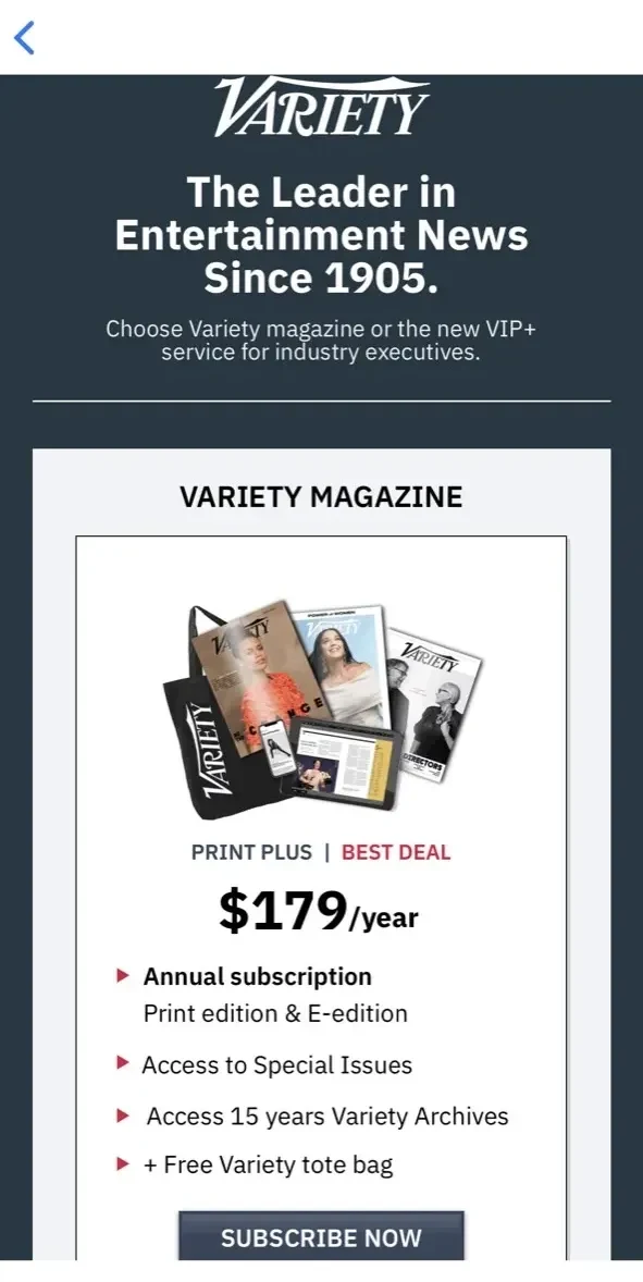 Variety paywall screen