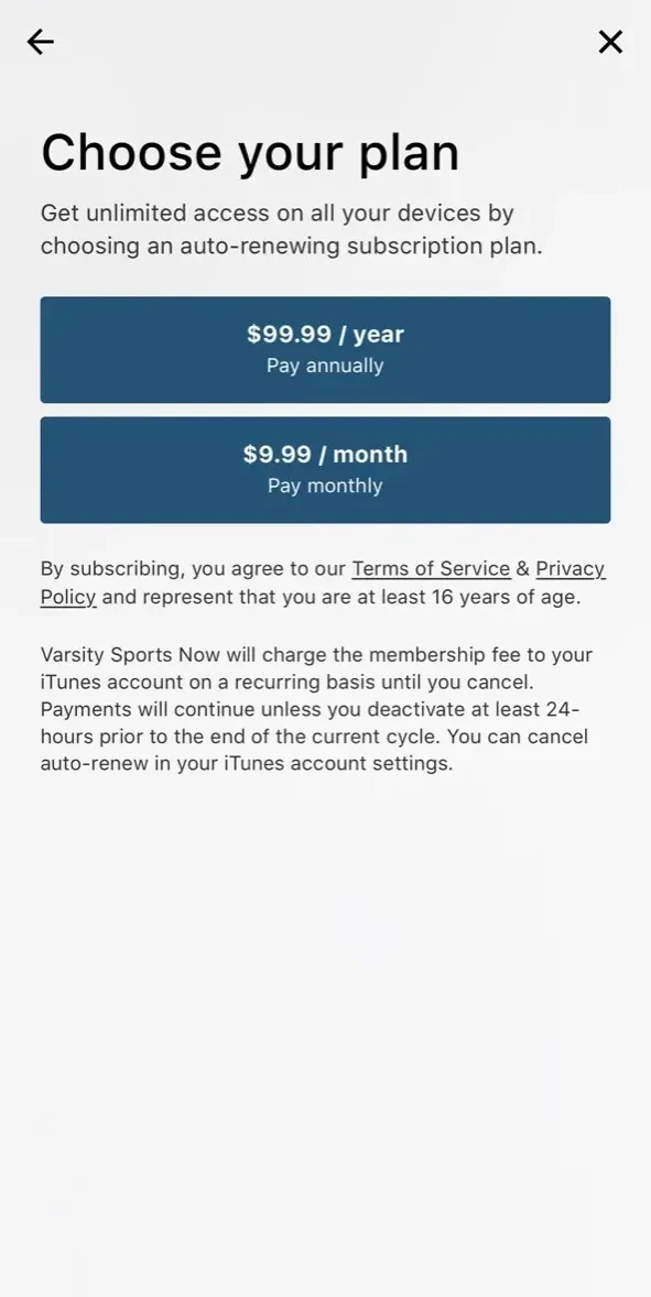 Varsity Sports Now paywall screen