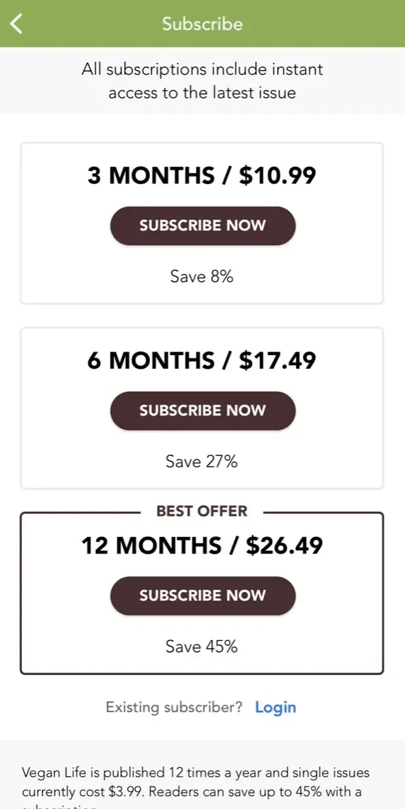 Vegan Life Magazine paywall screen