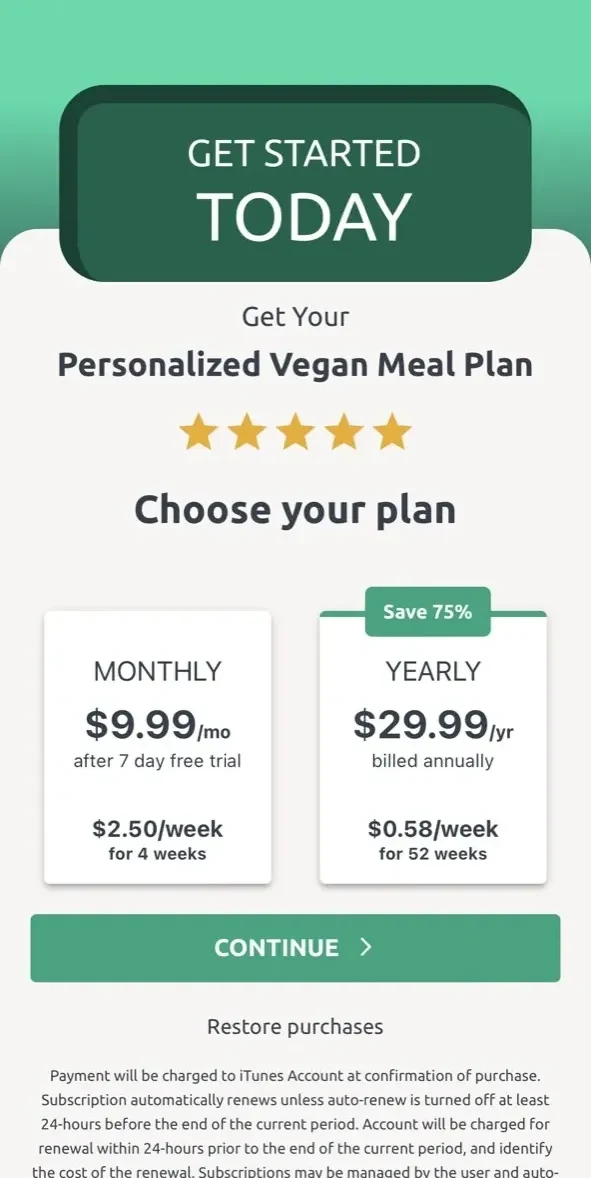 Vegan Meal Plan paywall screen