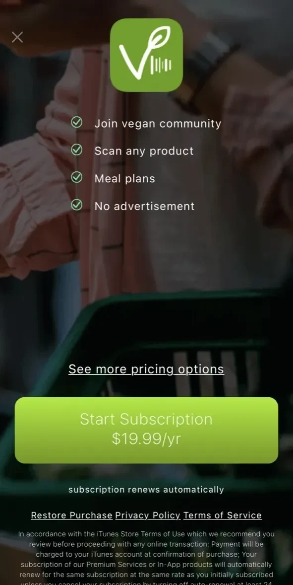 Vegan Pocket paywall screen