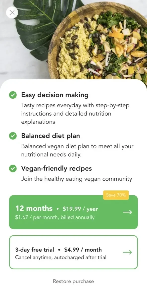 Vegan Recipes paywall screen