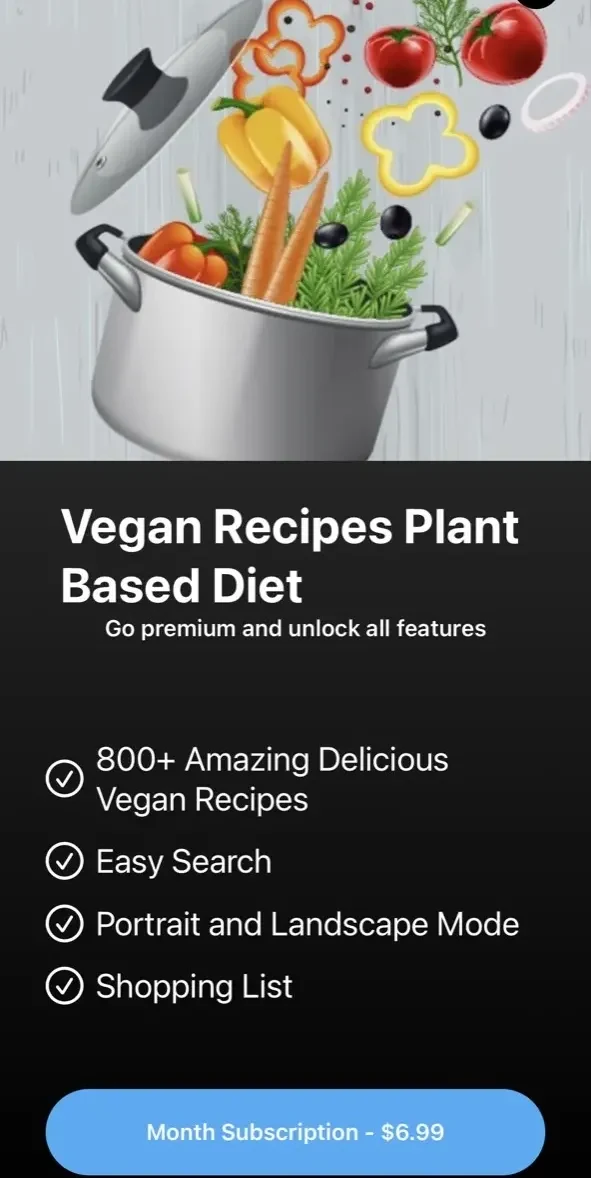 Vegan Recipes Plant Based Diet paywall screen