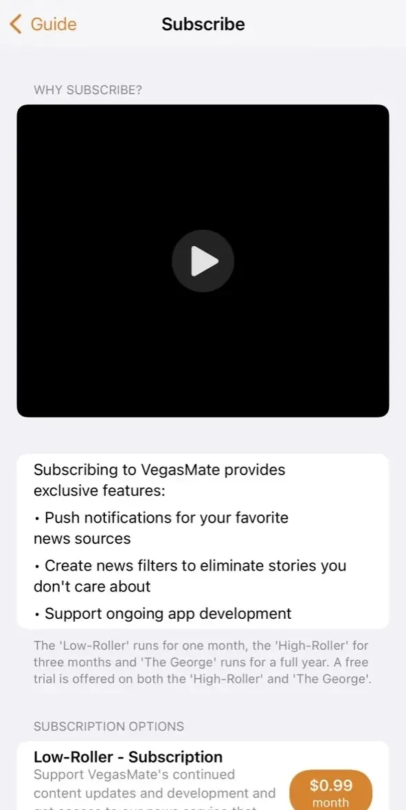 VegasMate Travel Guide paywall screen