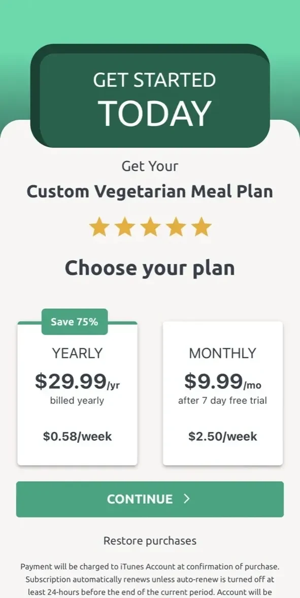 Vegetarian Meal Plan paywall screen