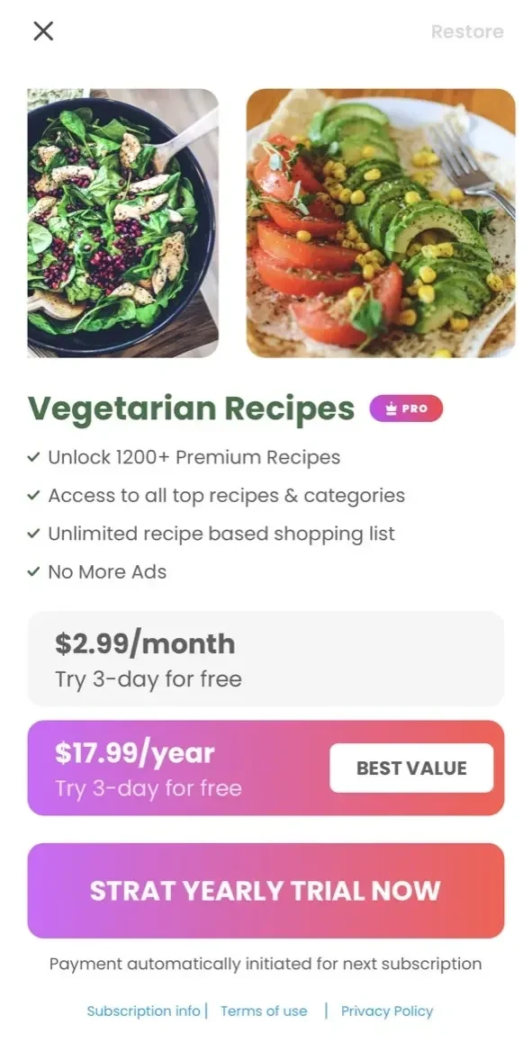 Vegetarian Recipes paywall screen