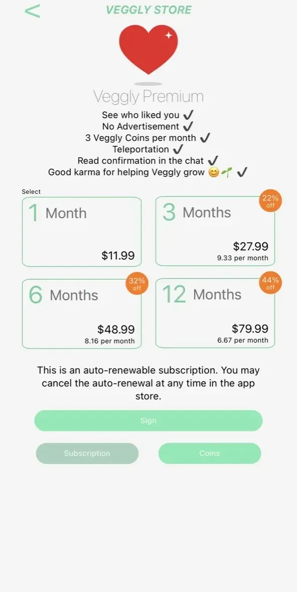 Veggly paywall screen