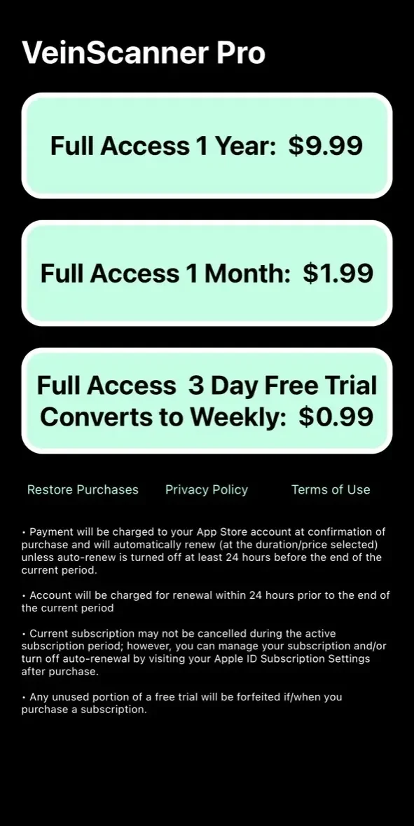 VeinScanner Pro paywall screen