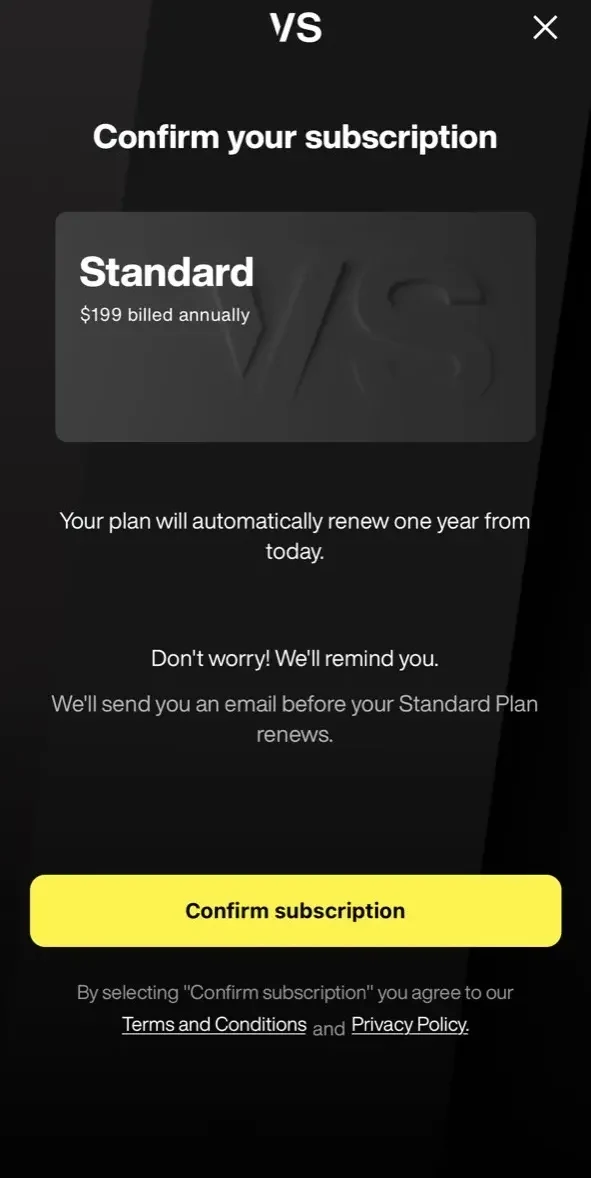 Versus Interactive paywall screen