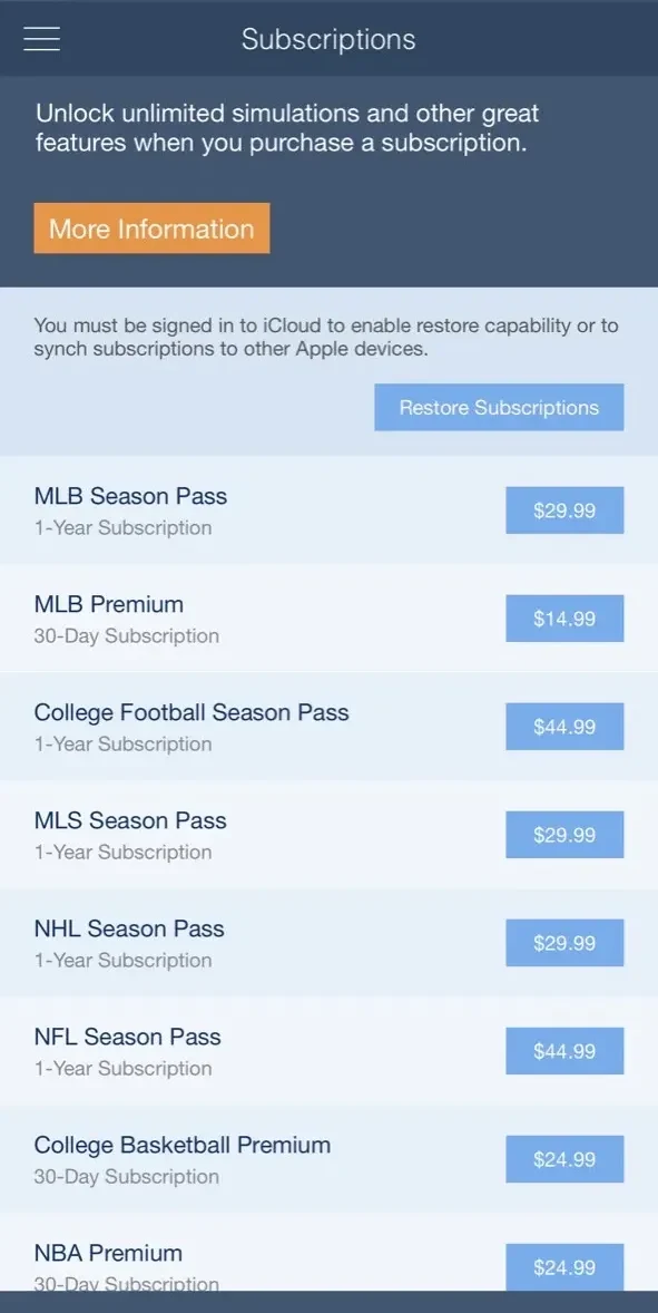 Versus Sports Simulator paywall screen