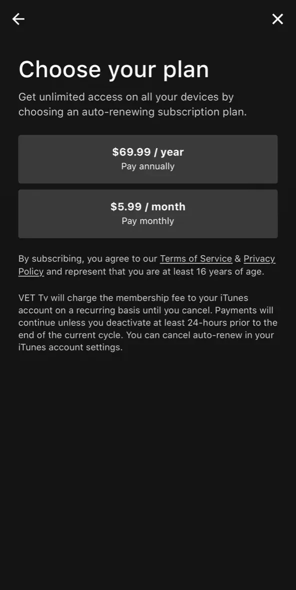 VET Tv paywall screen