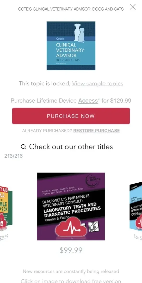 Veterinary Advisor paywall screen