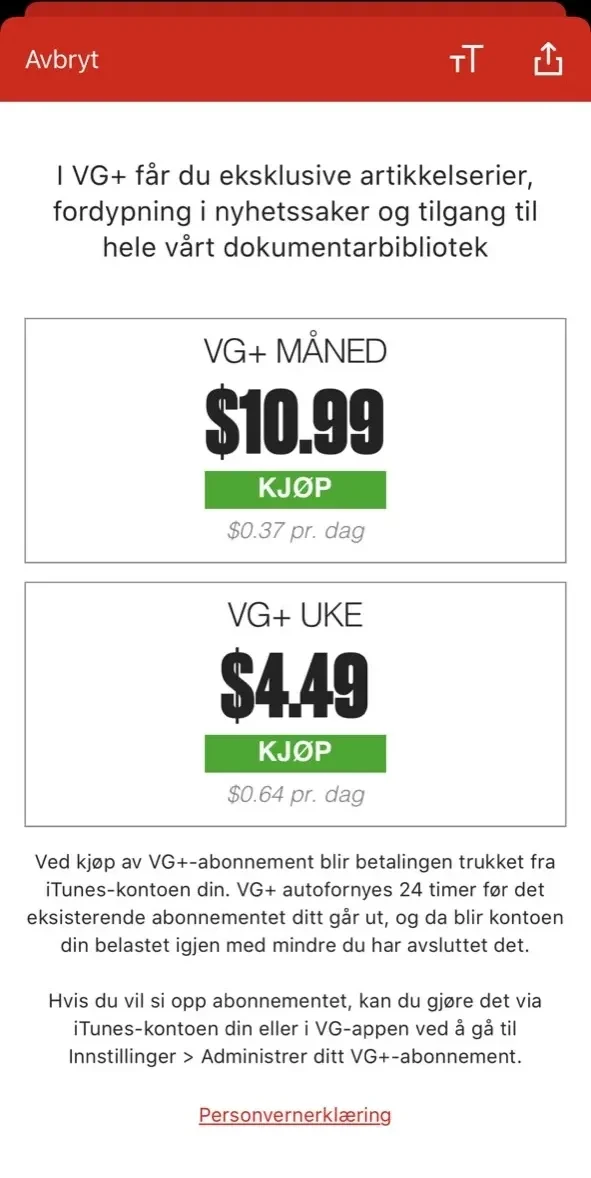 VG paywall screen