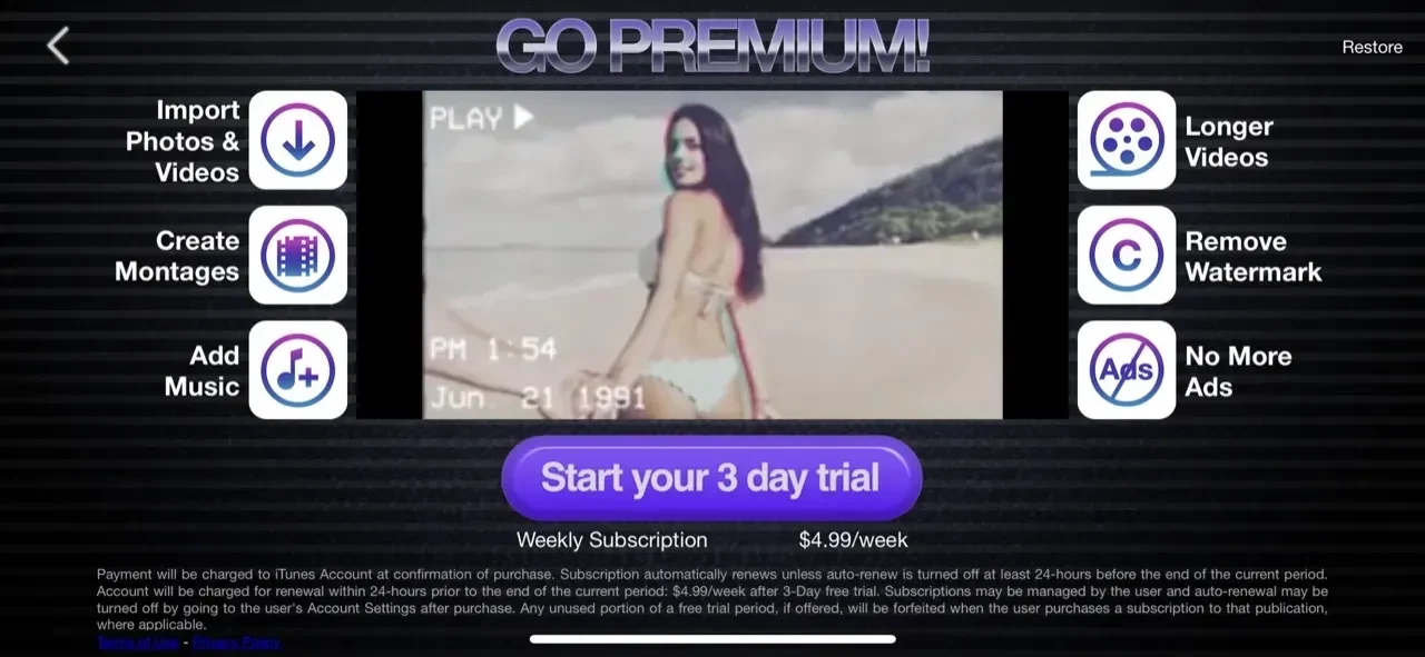 VHS Glitch Camcorder paywall screen