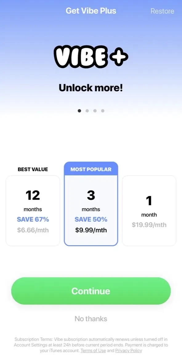 Vibe paywall screen