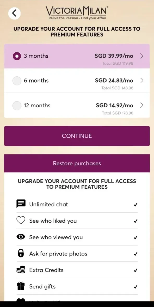 Victoria Milan paywall screen