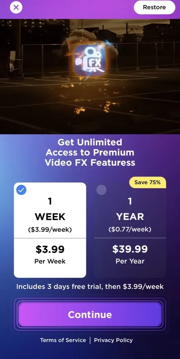 Video FX paywall screen