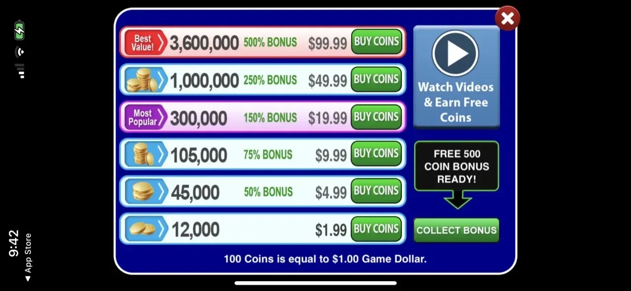 Video Poker Deluxe Casino paywall screen