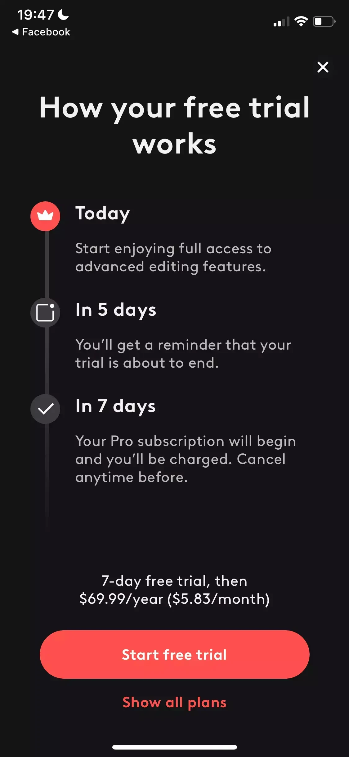 Videoleap paywall screen