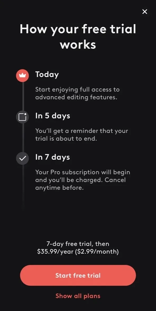 Videoleap paywall screen