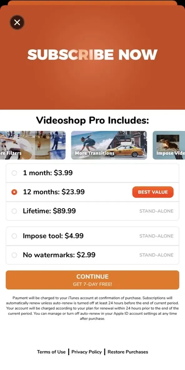 Videoshop paywall screen