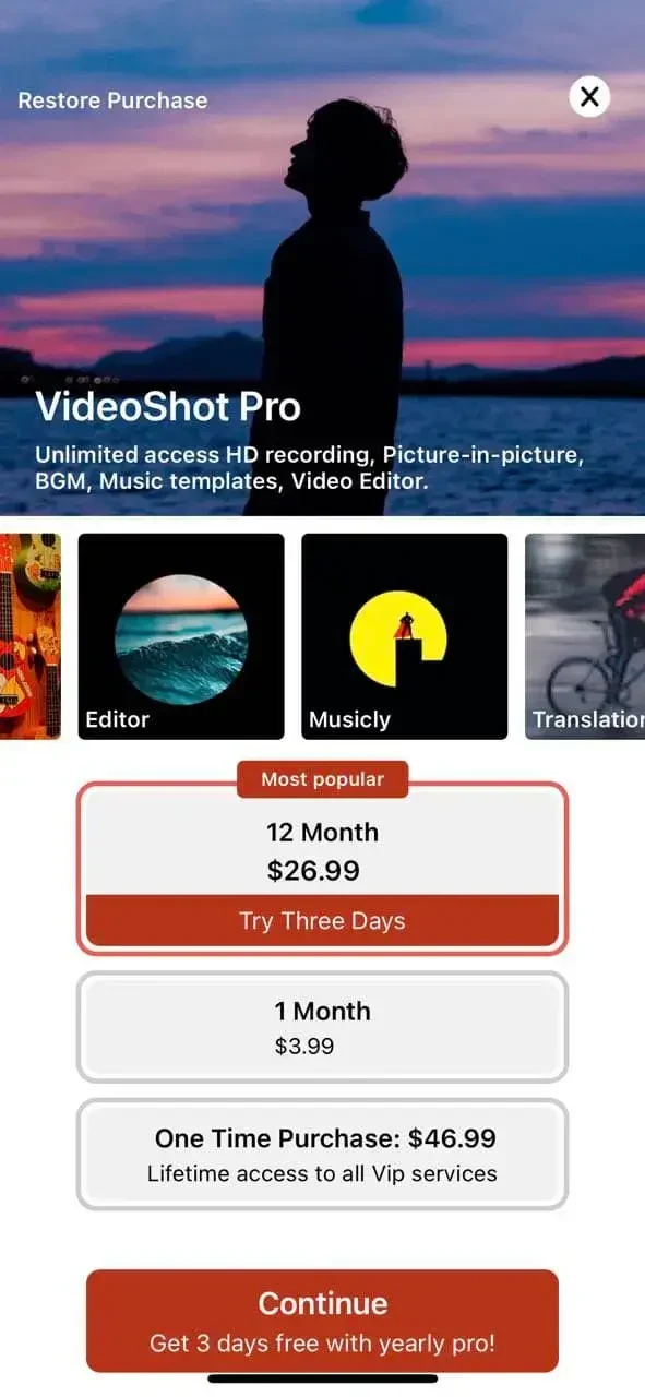 VideoShot paywall screen