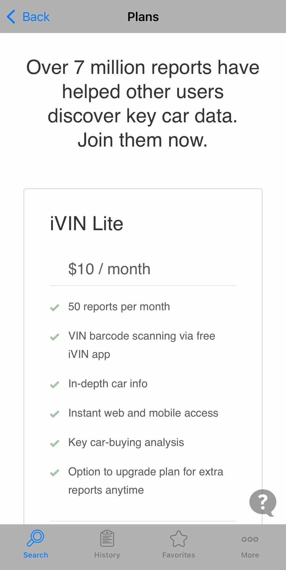 VIN Report paywall screen