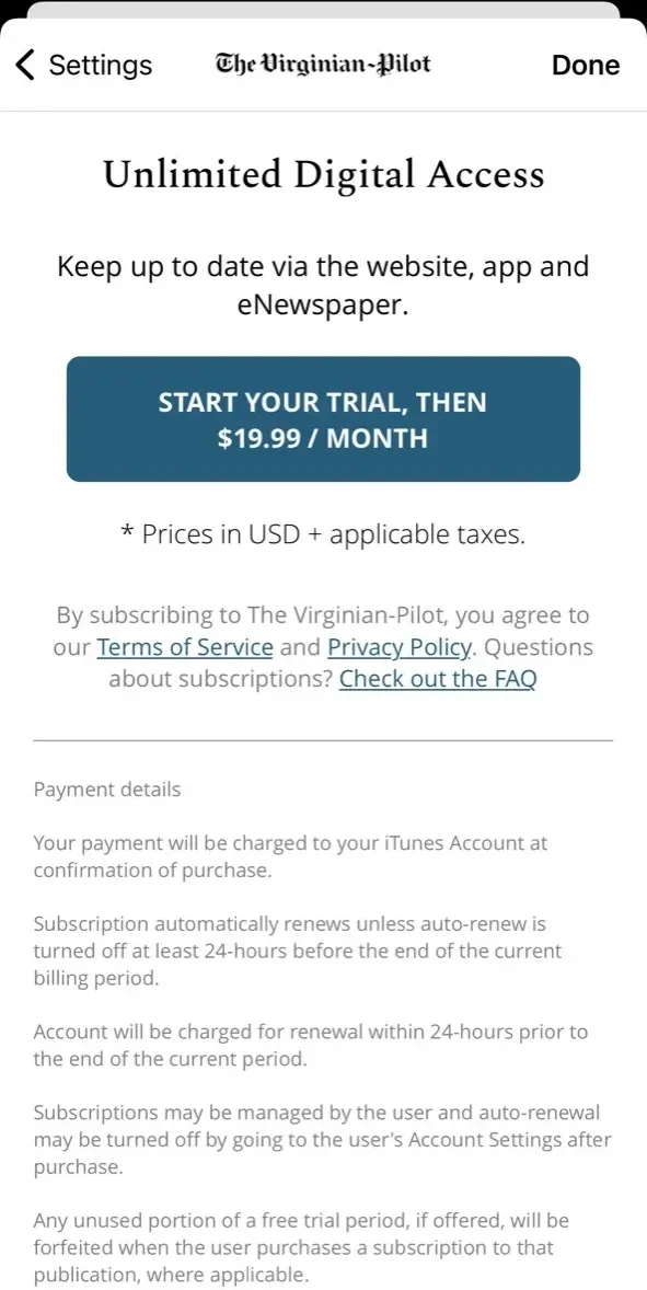 Virginian Pilot paywall screen