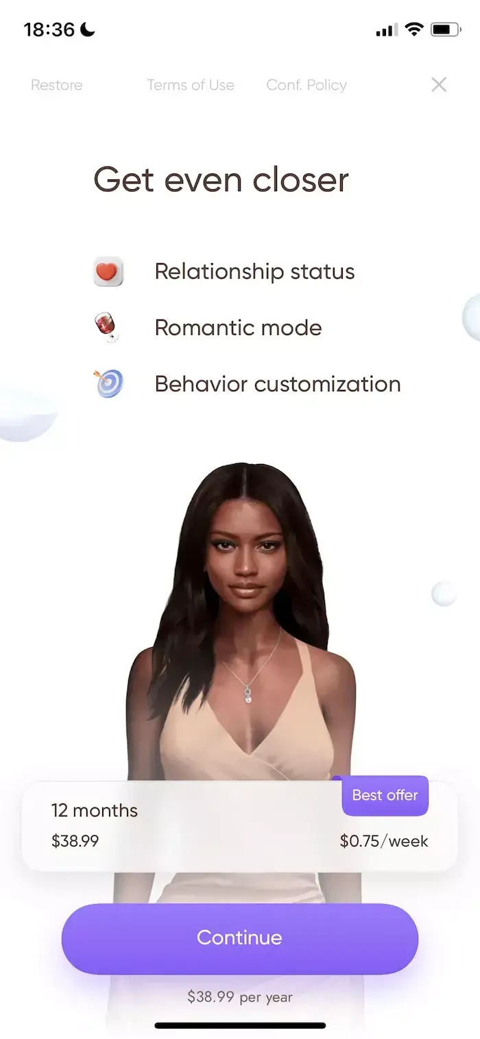 Virtual girlfriend paywall screen