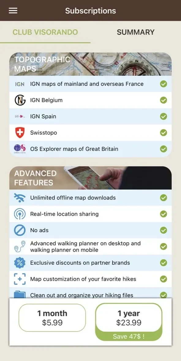 Visorando Walking Routes paywall screen