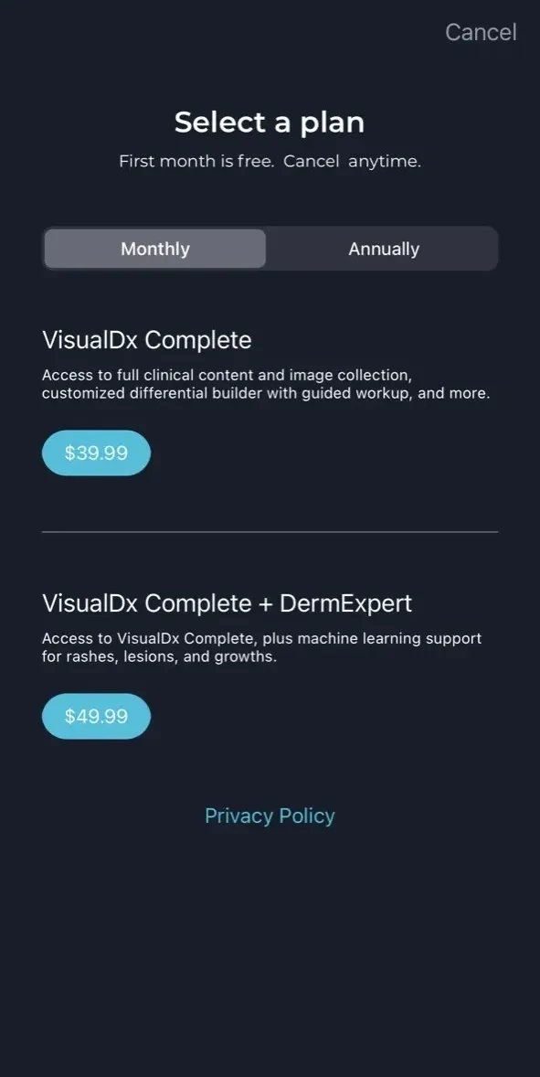 VisualDx paywall screen