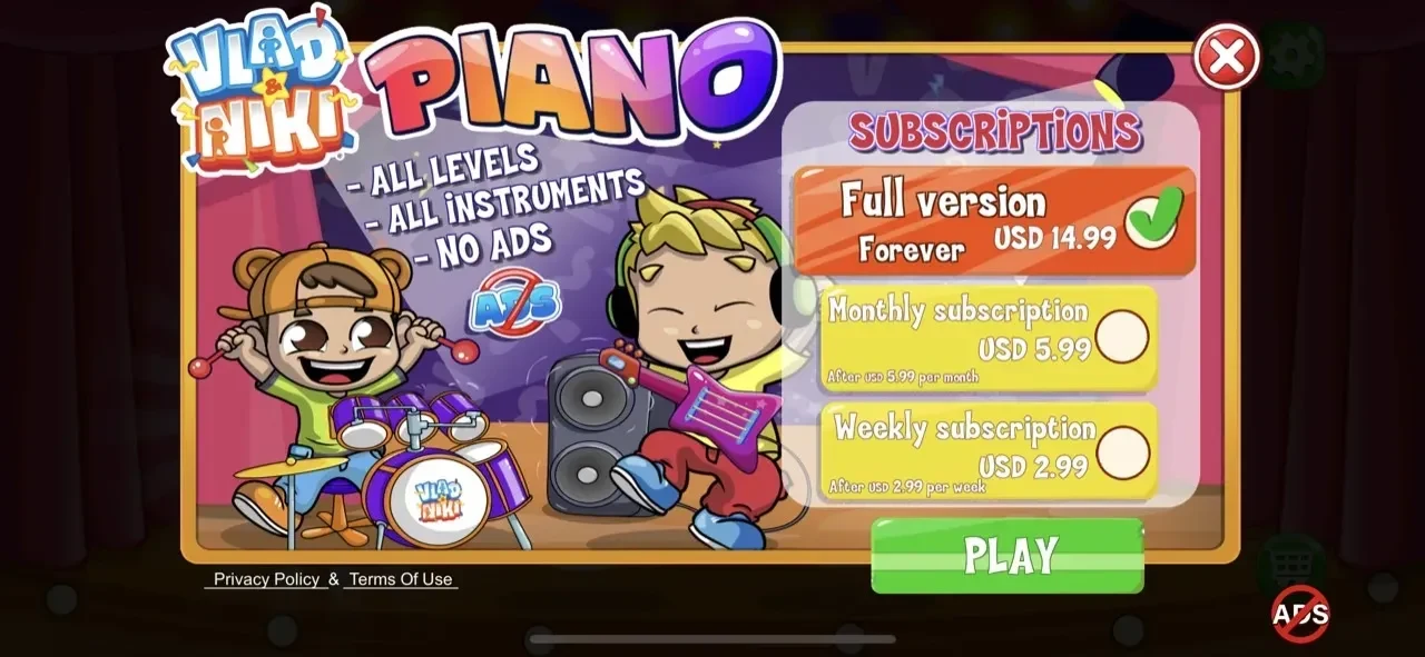 Vlad and Niki paywall screen