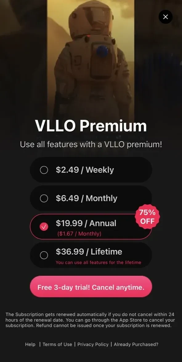 VLLO paywall screen