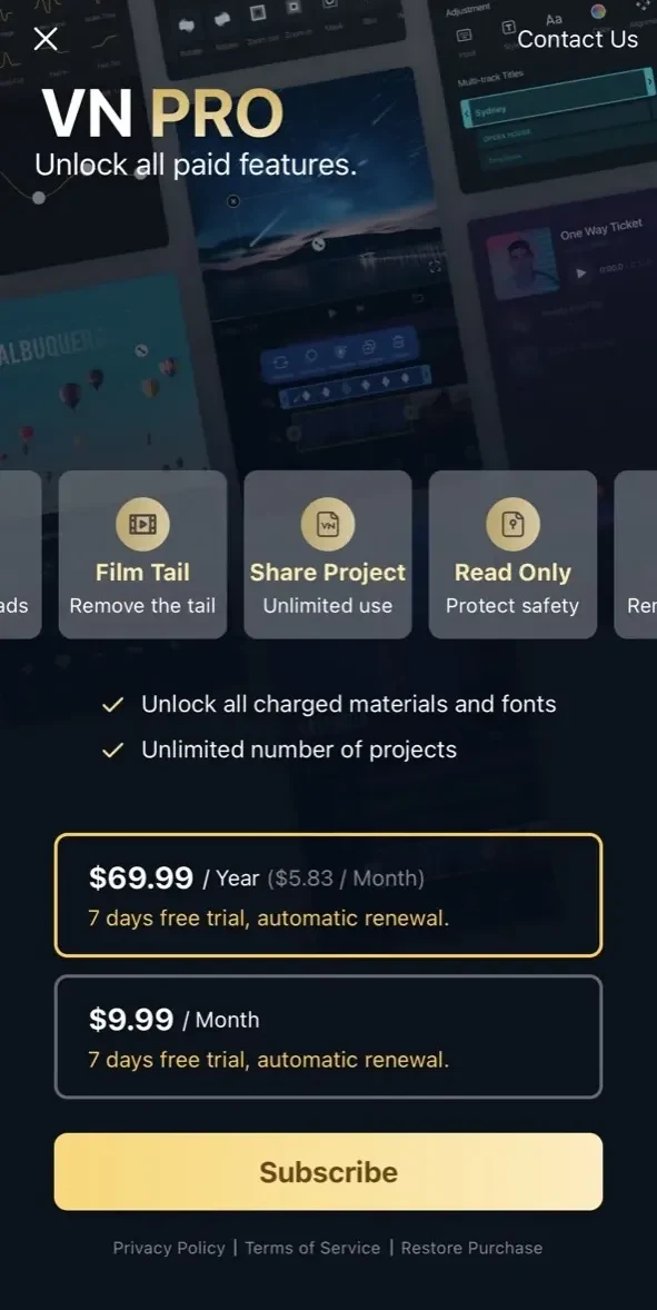 VN Video Editor paywall screen