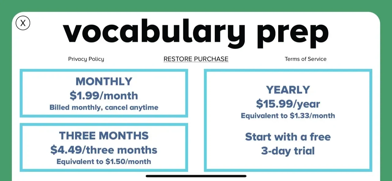 Vocabulary Prep paywall screen