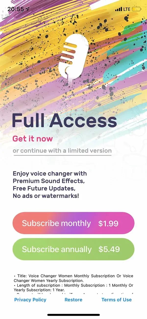 Voice Changer Women paywall screen