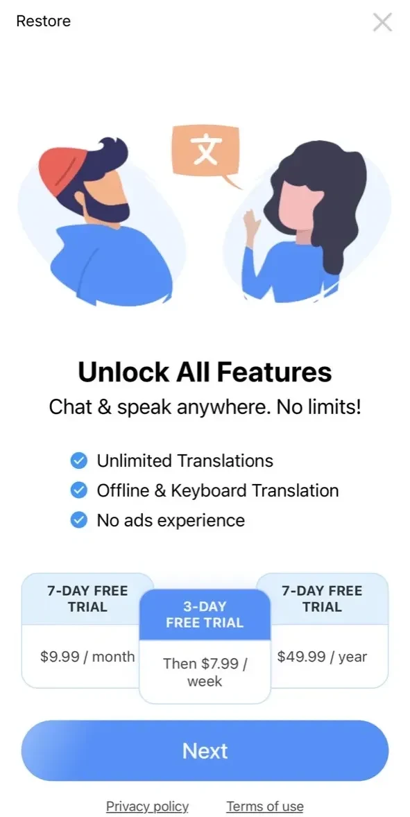 Voice Language Translator Pro paywall screen