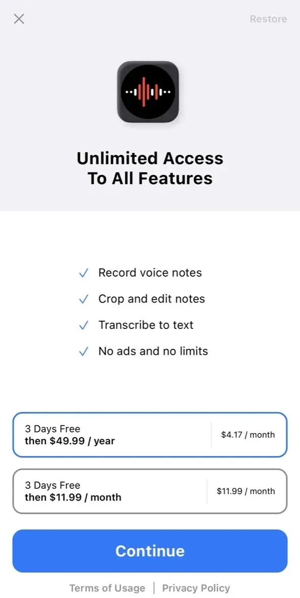 Voice Recorder paywall screen